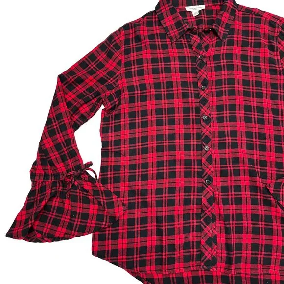Beach Lunch Lounge SIZE L Red Black Plaid Ruffle Sleeve Button Shirt Top - Picture 6 of 8